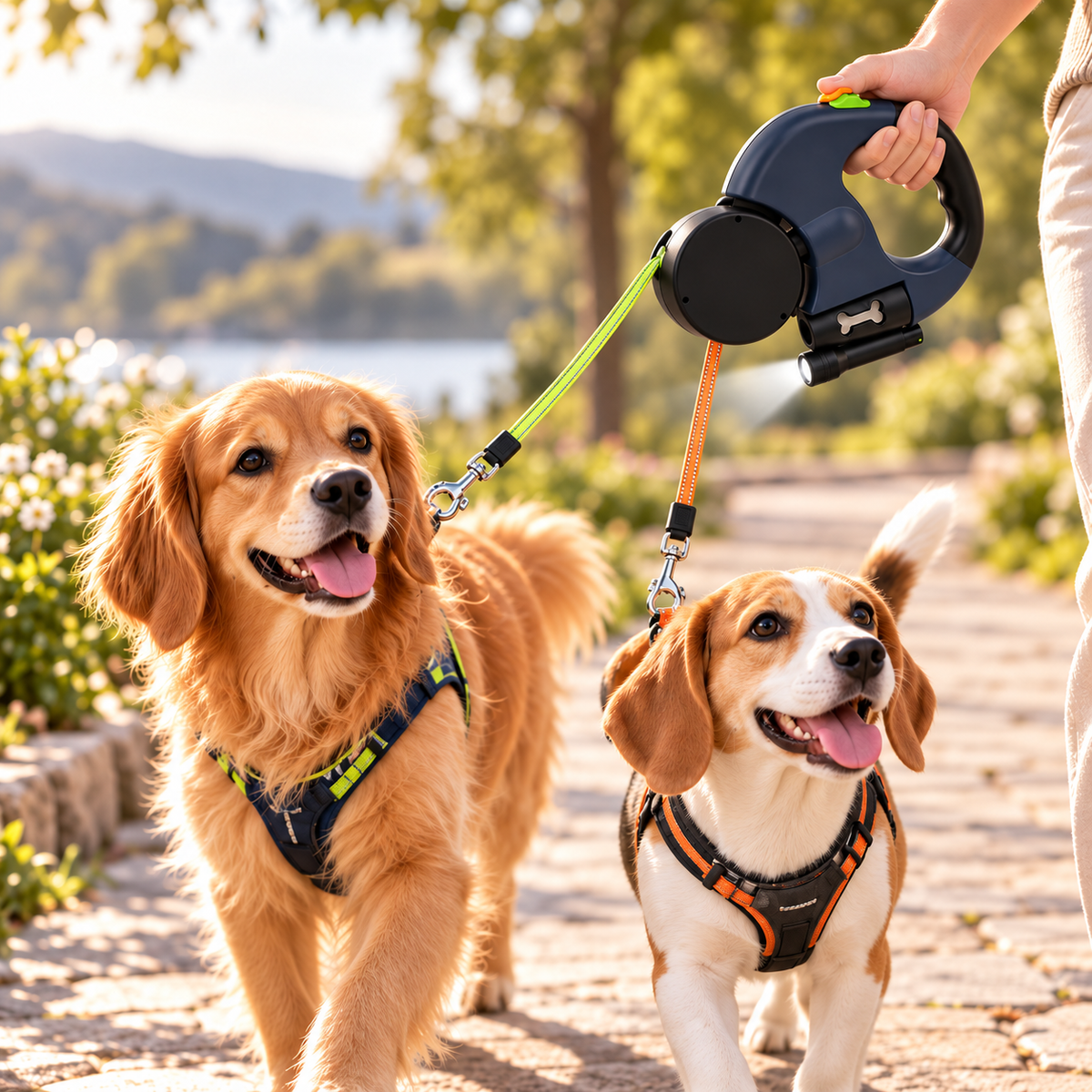 Dual Retractable Dog Leash with LED Light & Waste Bag Holder