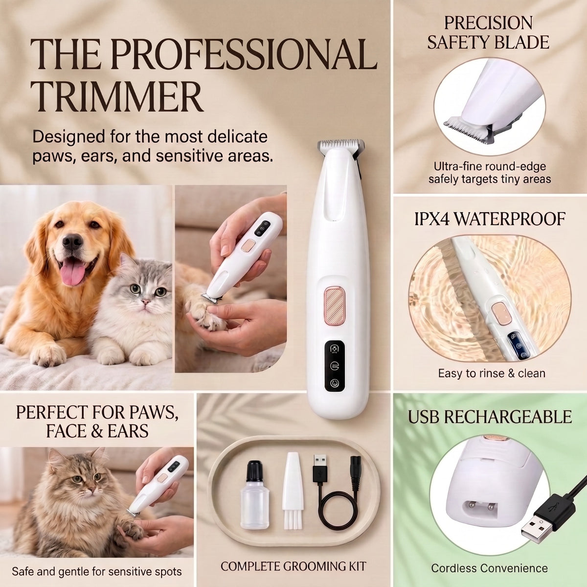 Rechargeable Pet Paw & Face Hair Trimmer with LED Light