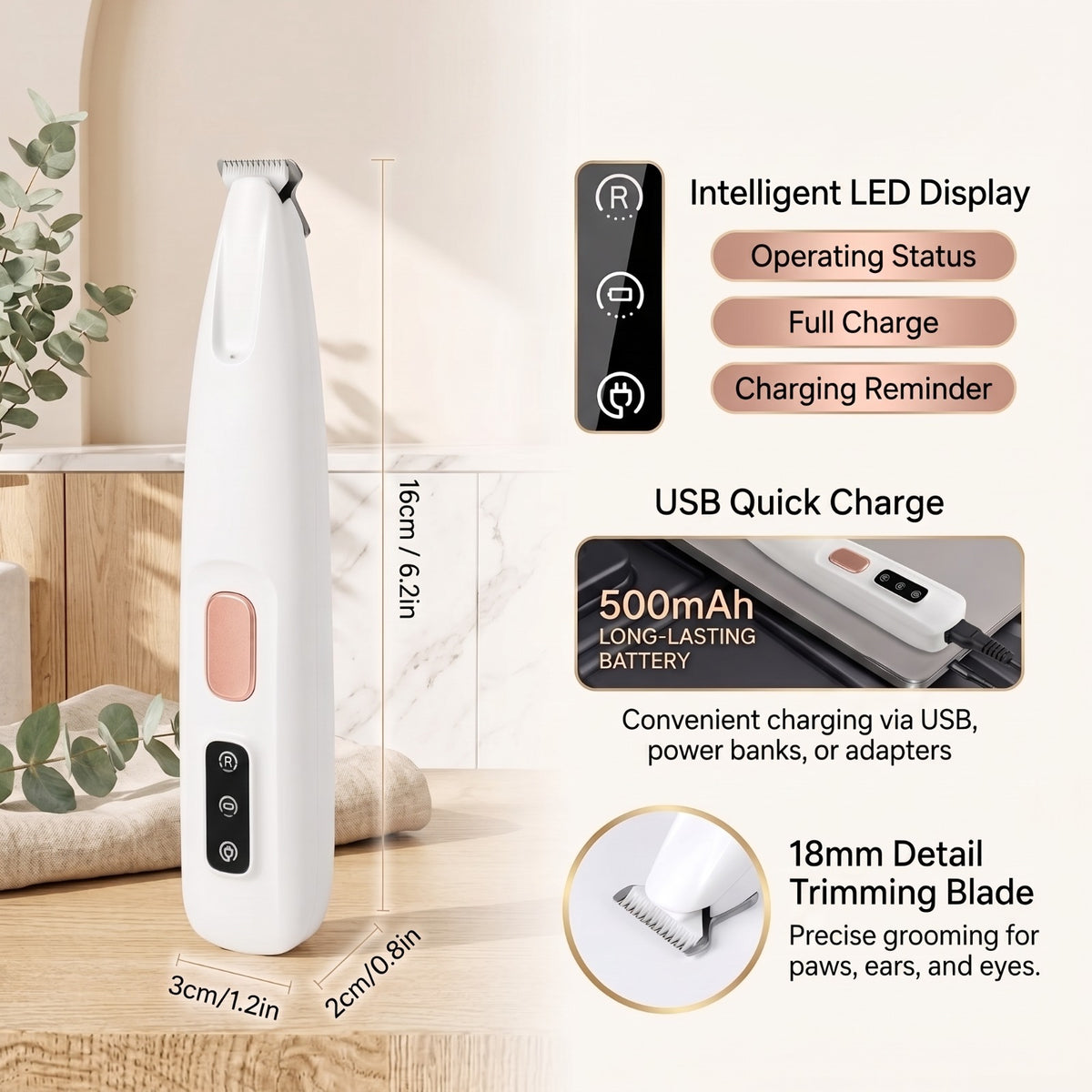 Rechargeable Pet Paw & Face Hair Trimmer with LED Light