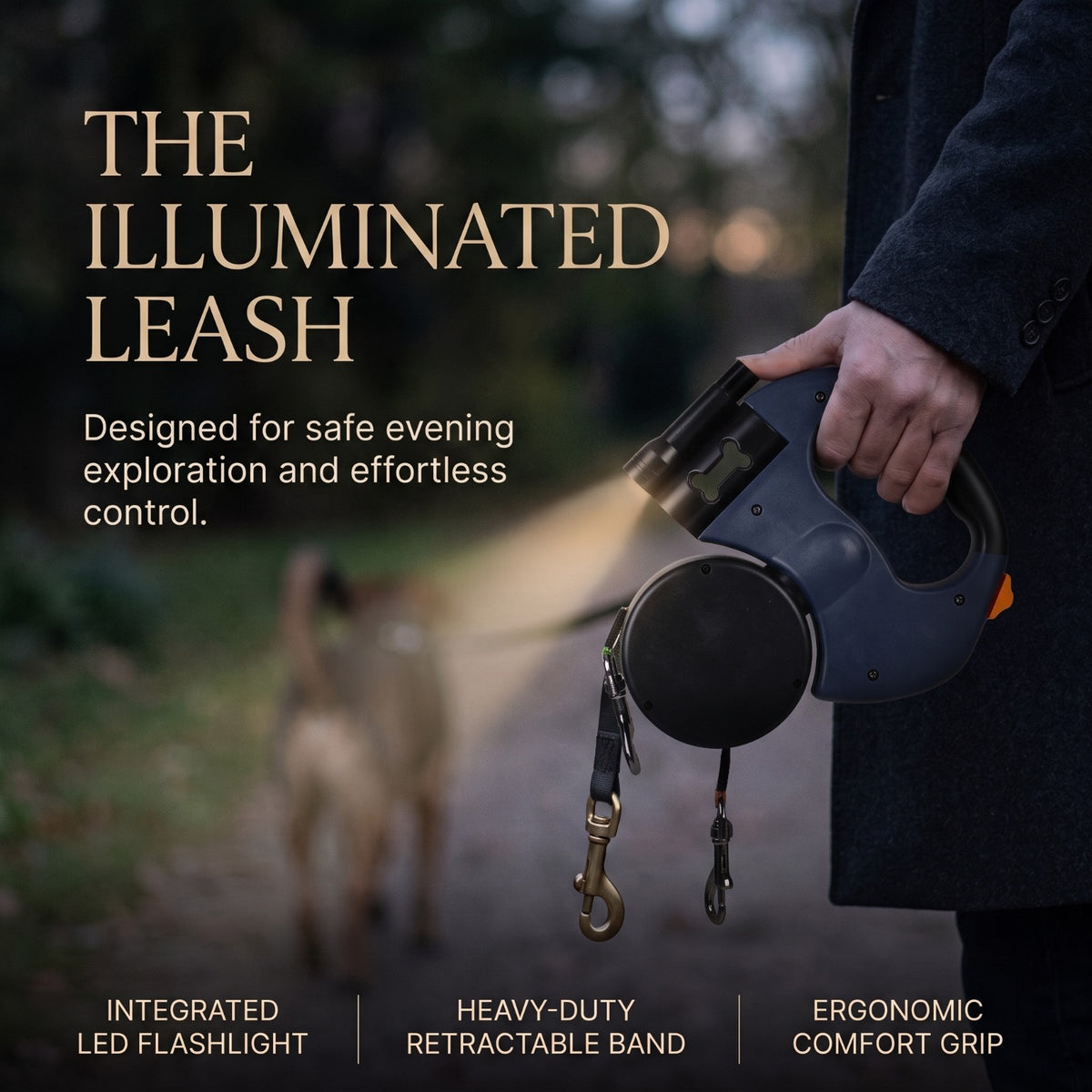 Dual Retractable Dog Leash with LED Light & Waste Bag Holder