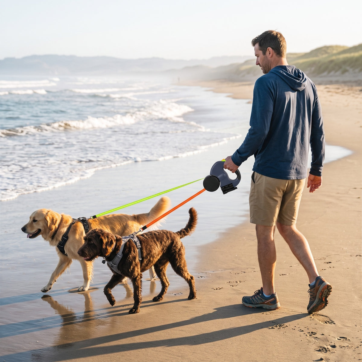 Dual Retractable Dog Leash with LED Light & Waste Bag Holder