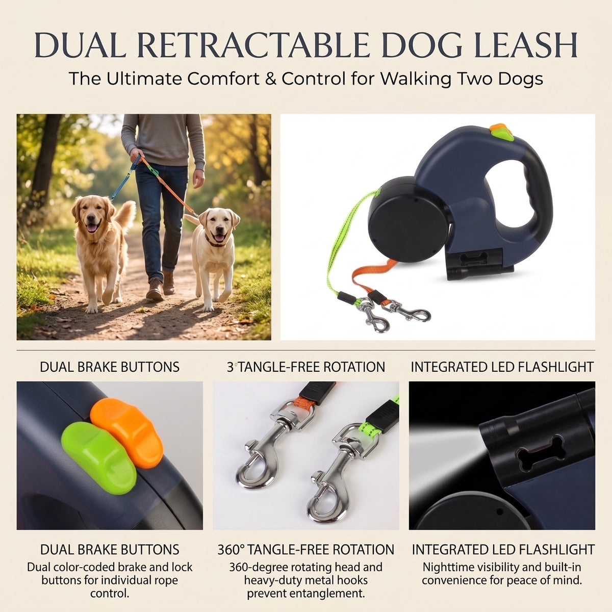 Dual Retractable Dog Leash with LED Light & Waste Bag Holder