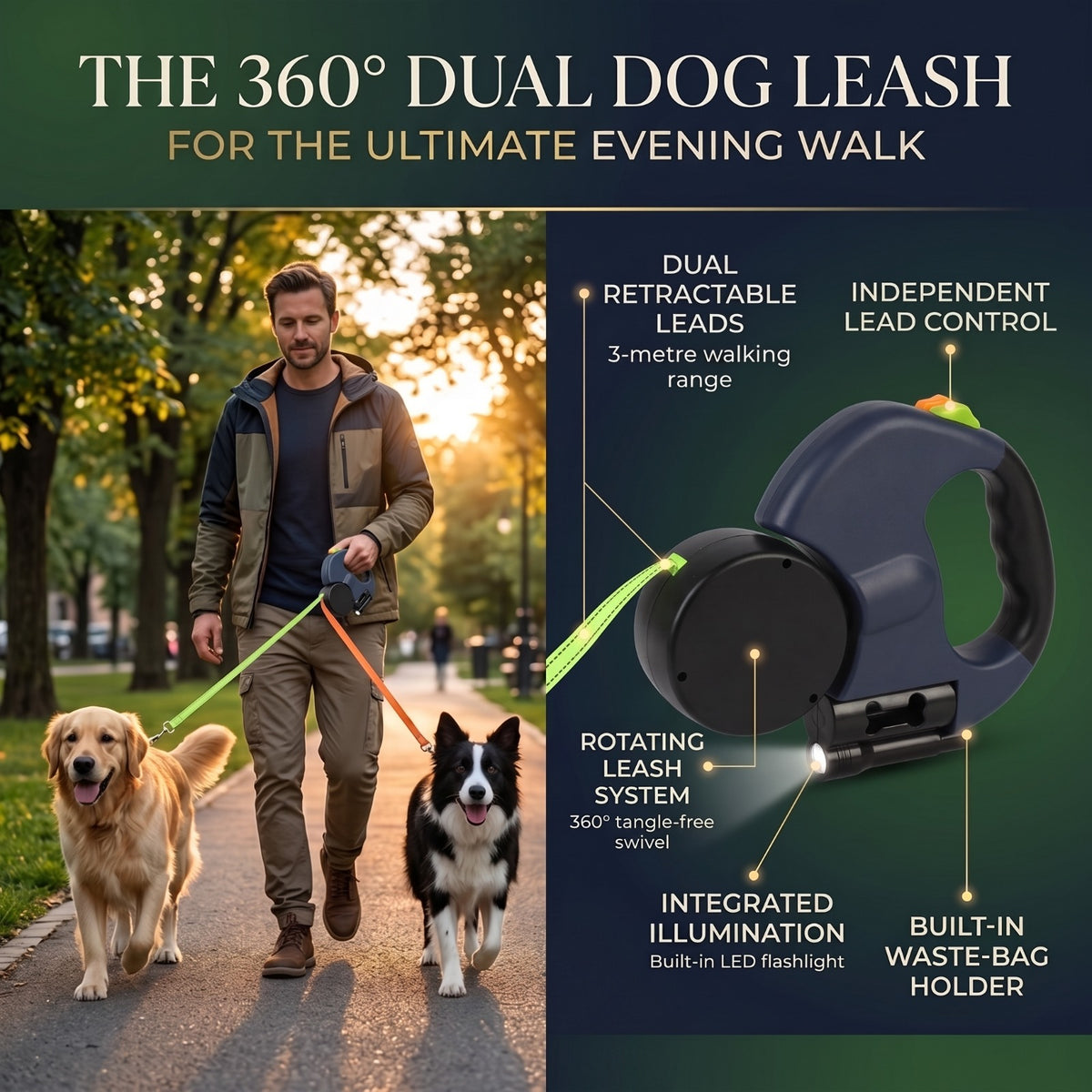 Dual Retractable Dog Leash with LED Light & Waste Bag Holder