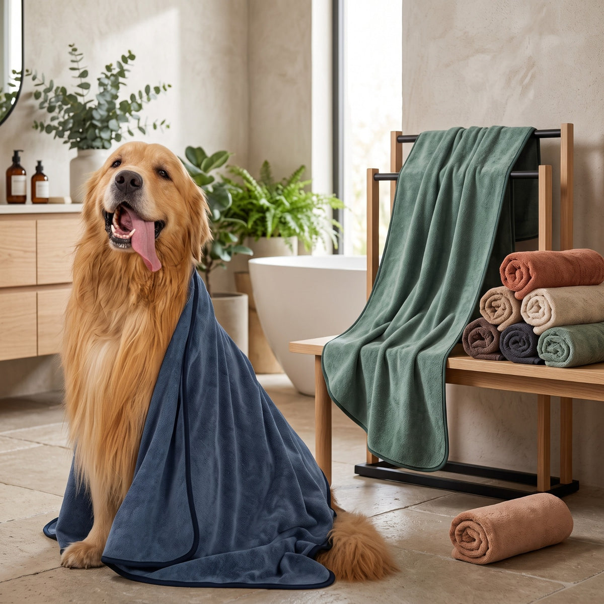 Quick-Dry Pet Bath Towel with Hand Pockets